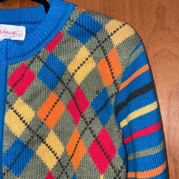 Deux Par Deux Kids Argyle & Stripe Knit Cardigan Sweater With Zipper Size 4 - Picture 2 of 9